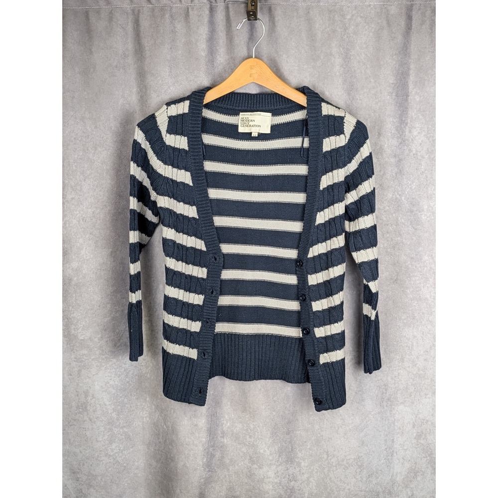 Urban Behavior Navy White Striped Cable Knit Button Front Cardigan Sweater Small